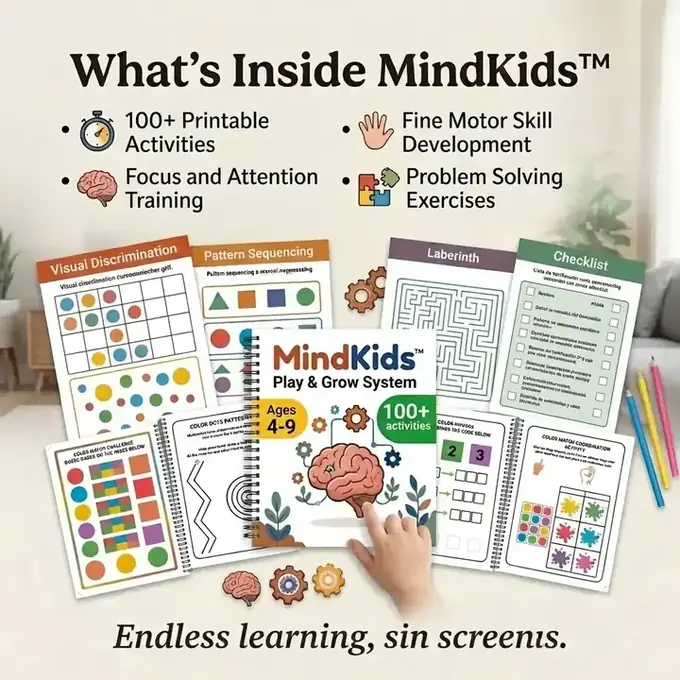 What's inside MindKids: printable worksheets for focus, patterns, mazes and motor skills